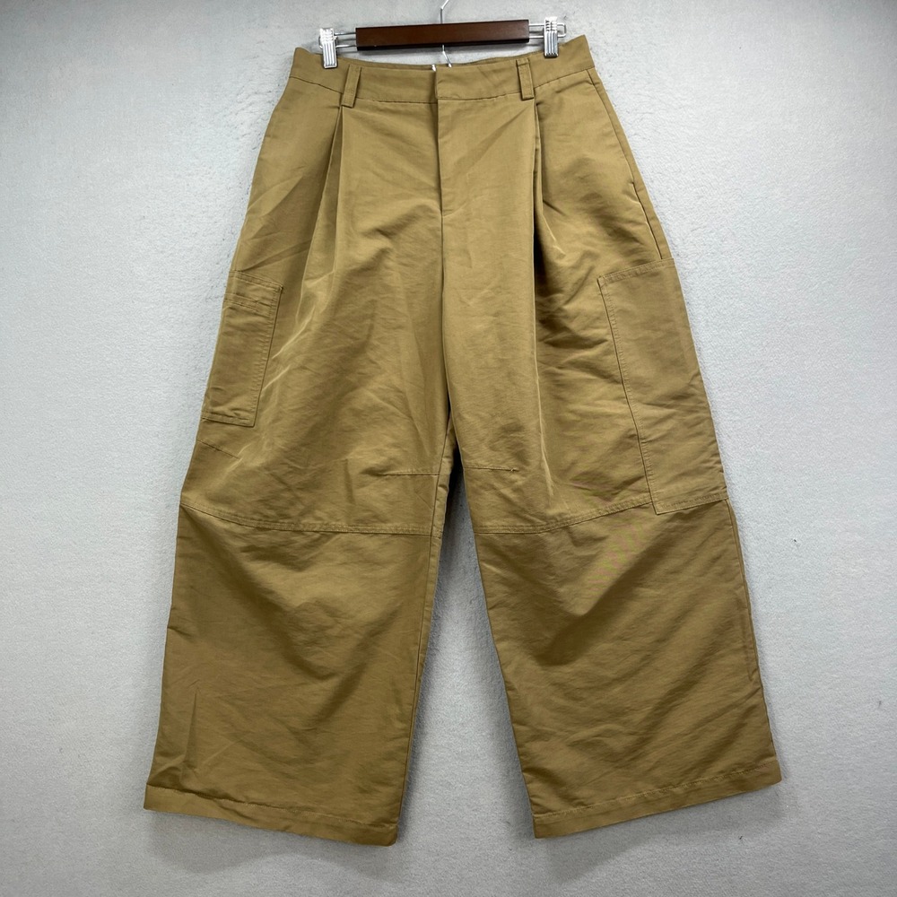 Zara Cargo Pants Womens Medium Tan Pleated Wide Baggy High Rise Gorpcore Utility